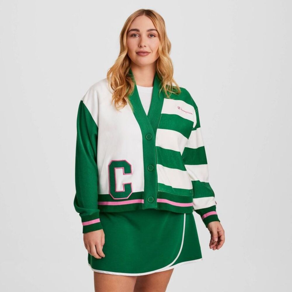 Women's Collegiate Cardigan - White/Green Striped 1X